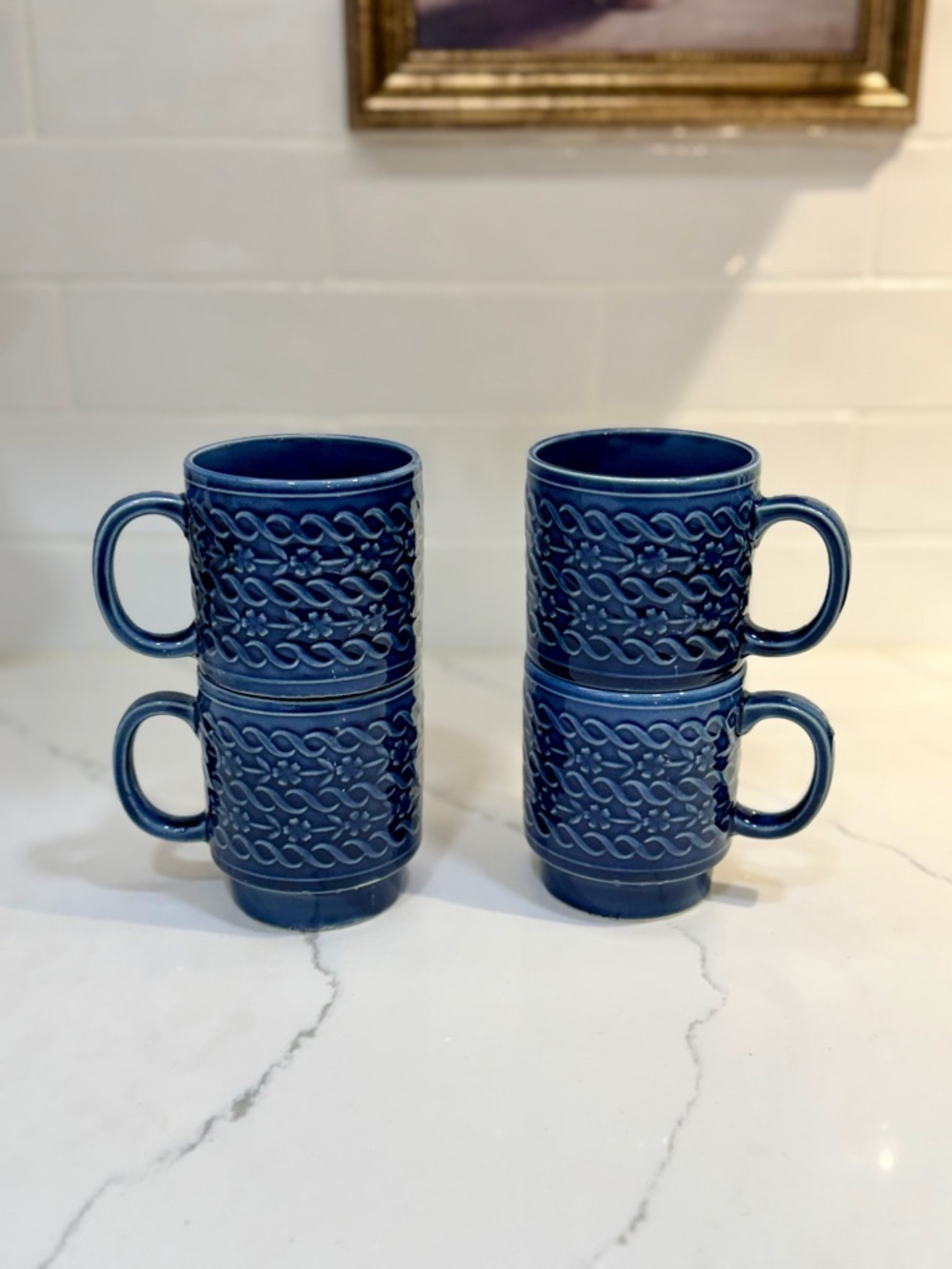 Stackable Blue Ceramic Mugs - Set of 4